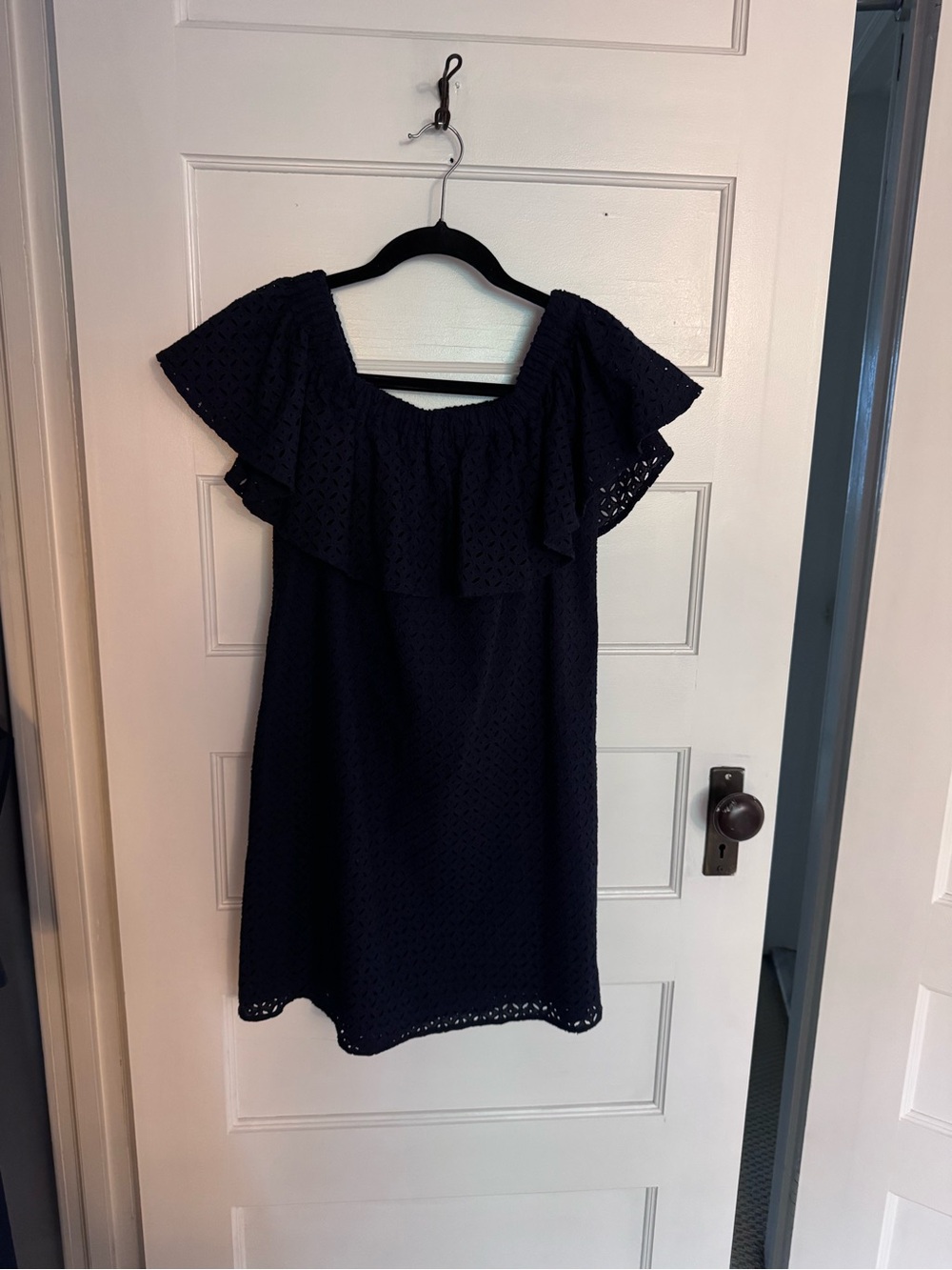 Likely Navy Eyelet Off-Shoulder Ruffle Dress Tunic